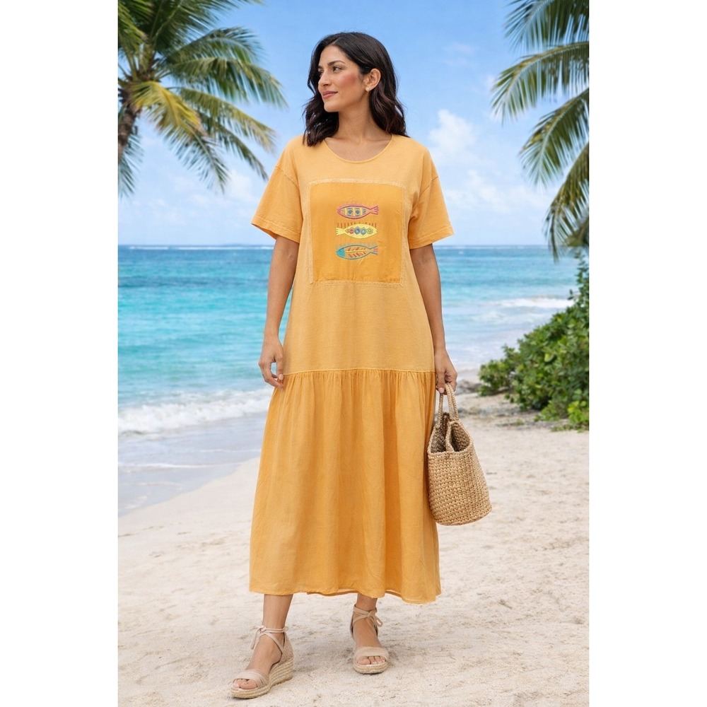 JOHNNY WAS T-shirt Maxi Dress Embroidered Fish Women's Large‎ Orange Vacay Beach